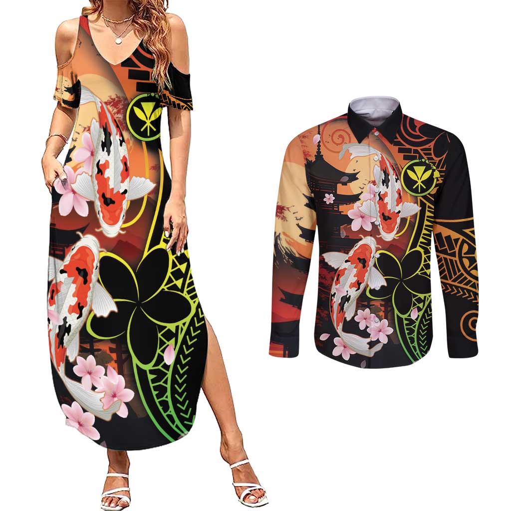 Hawaiian and Japanese Couples Matching Summer Maxi Dress and Long Sleeve Button Shirt Koi Fish With Kanaka Polynesian Tattoo - Polynesian Pride