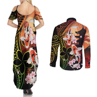 Hawaiian and Japanese Couples Matching Summer Maxi Dress and Long Sleeve Button Shirt Koi Fish With Kanaka Polynesian Tattoo - Polynesian Pride