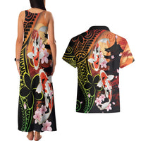 Hawaiian and Japanese Couples Matching Tank Maxi Dress and Hawaiian Shirt Koi Fish With Kanaka Polynesian Tattoo - Polynesian Pride