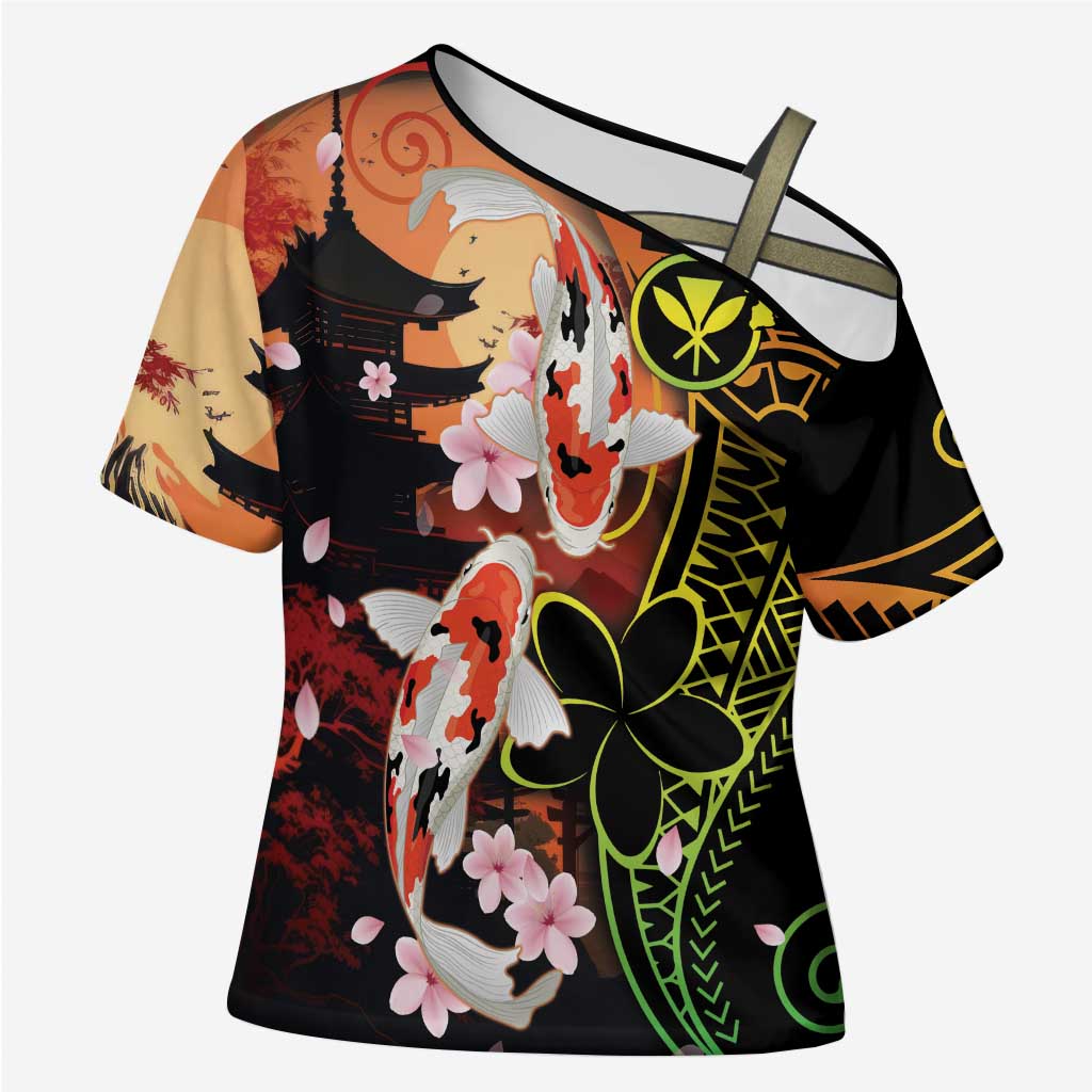 Hawaiian and Japanese Cross Shoulder Shirt Koi Fish With Kanaka Polynesian Tattoo LT14 Female Black - Polynesian Pride