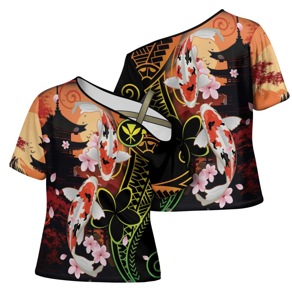 Hawaiian and Japanese Cross Shoulder Shirt Koi Fish With Kanaka Polynesian Tattoo - Polynesian Pride