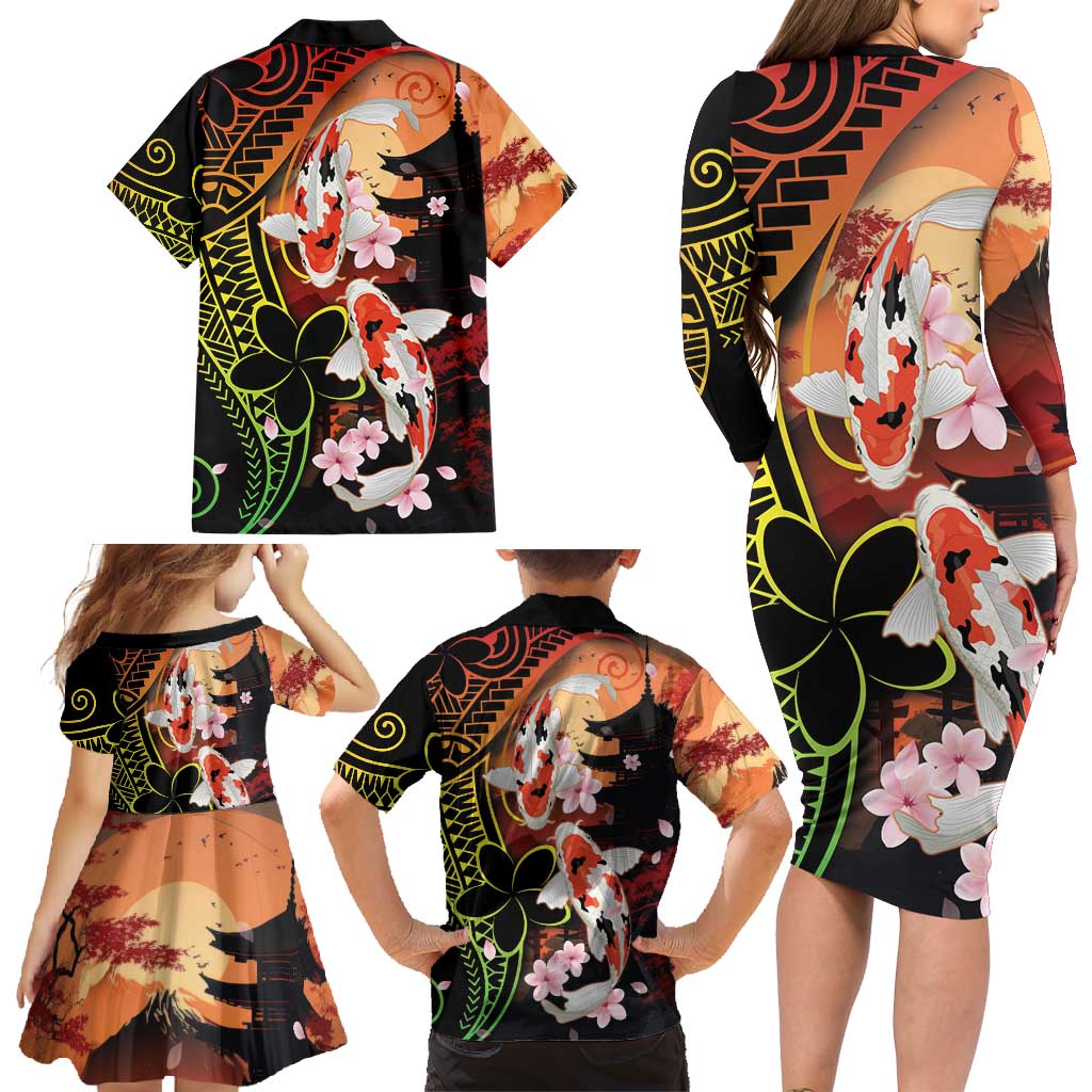 Hawaiian and Japanese Family Matching Long Sleeve Bodycon Dress and Hawaiian Shirt Koi Fish With Kanaka Polynesian Tattoo - Polynesian Pride