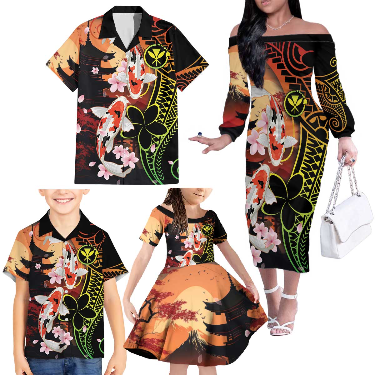 Hawaiian and Japanese Family Matching Off The Shoulder Long Sleeve Dress and Hawaiian Shirt Koi Fish With Kanaka Polynesian Tattoo - Polynesian Pride