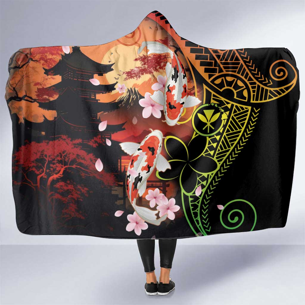 Hawaiian and Japanese Hooded Blanket Koi Fish With Kanaka Polynesian Tattoo LT14 One Size Black - Polynesian Pride