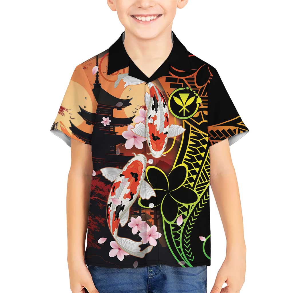 Hawaiian and Japanese Kid Hawaiian Shirt Koi Fish With Kanaka Polynesian Tattoo LT14 Kid Black - Polynesian Pride