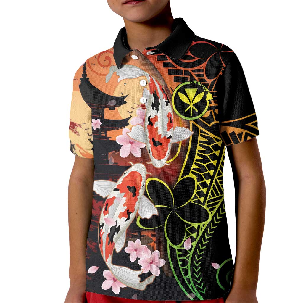 Hawaiian and Japanese Kid Polo Shirt Koi Fish With Kanaka Polynesian Tattoo LT14 Kid Black - Polynesian Pride