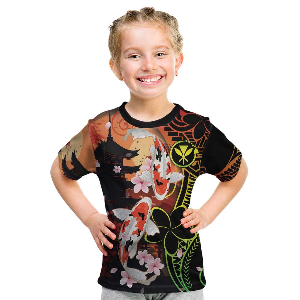 Hawaiian and Japanese Kid T Shirt Koi Fish With Kanaka Polynesian Tattoo LT14 Black - Polynesian Pride