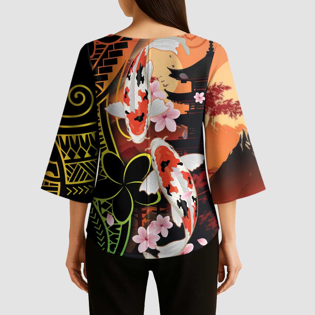 Hawaiian and Japanese Kimono Sleeve Blouse Koi Fish With Kanaka Polynesian Tattoo - Polynesian Pride