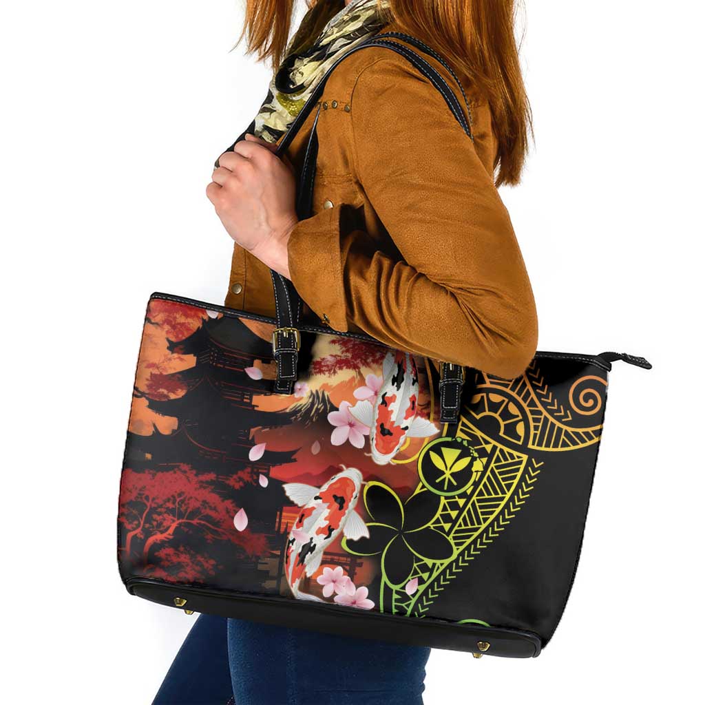 Hawaiian and Japanese Leather Tote Bag Koi Fish With Kanaka Polynesian Tattoo LT14 Black - Polynesian Pride