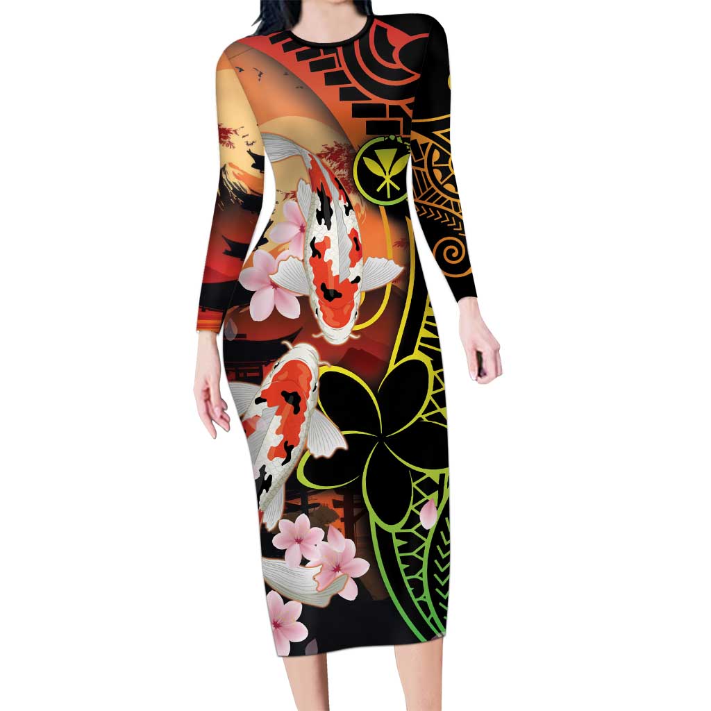 Hawaiian and Japanese Long Sleeve Bodycon Dress Koi Fish With Kanaka Polynesian Tattoo - Polynesian Pride