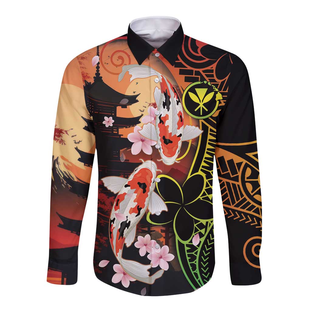 Hawaiian and Japanese Long Sleeve Button Shirt Koi Fish With Kanaka Polynesian Tattoo LT14 Unisex Black - Polynesian Pride