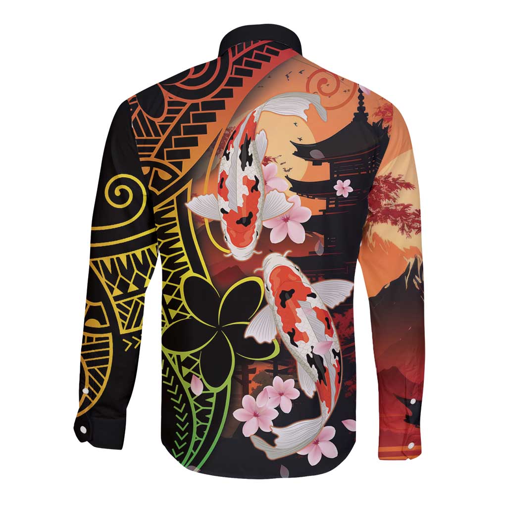 Hawaiian and Japanese Long Sleeve Button Shirt Koi Fish With Kanaka Polynesian Tattoo - Polynesian Pride