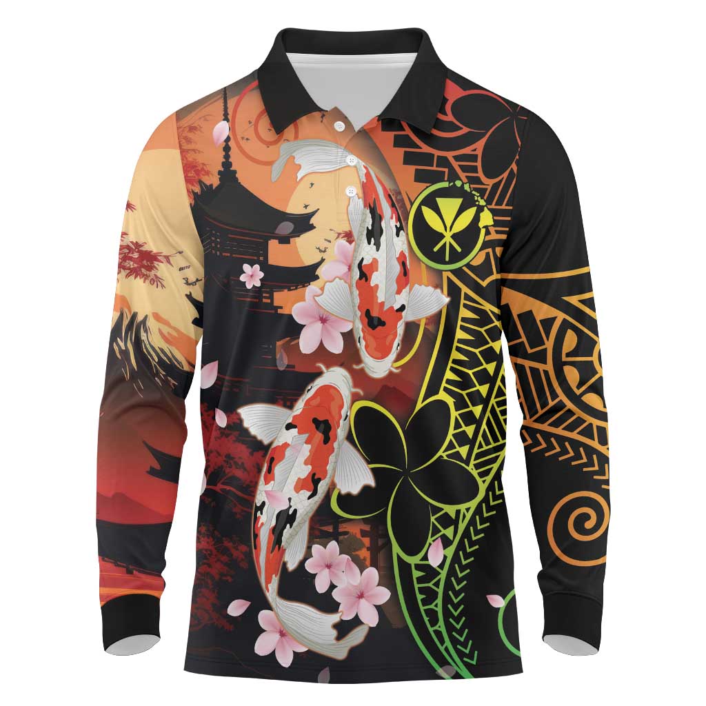 Hawaiian and Japanese Long Sleeve Polo Shirt Koi Fish With Kanaka Polynesian Tattoo LT14 Black - Polynesian Pride