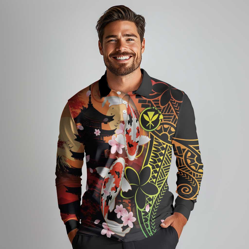 Hawaiian and Japanese Long Sleeve Polo Shirt Koi Fish With Kanaka Polynesian Tattoo - Polynesian Pride
