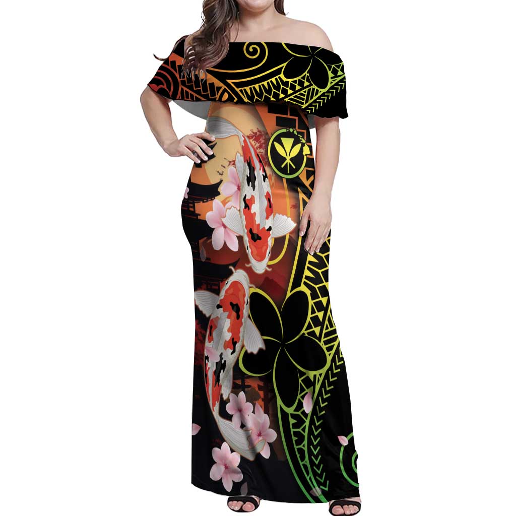 Hawaiian and Japanese Off Shoulder Maxi Dress Koi Fish With Kanaka Polynesian Tattoo - Polynesian Pride