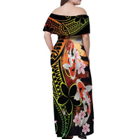 Hawaiian and Japanese Off Shoulder Maxi Dress Koi Fish With Kanaka Polynesian Tattoo - Polynesian Pride