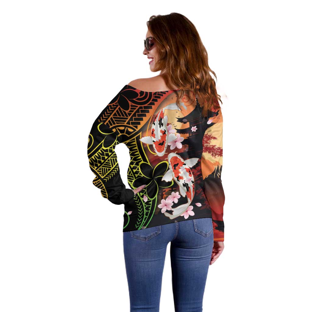Hawaiian and Japanese Off Shoulder Sweater Koi Fish With Kanaka Polynesian Tattoo - Polynesian Pride