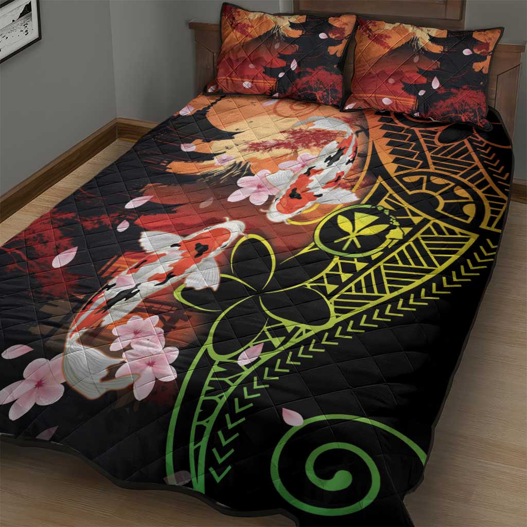 Hawaiian and Japanese Quilt Bed Set Koi Fish With Kanaka Polynesian Tattoo - Polynesian Pride