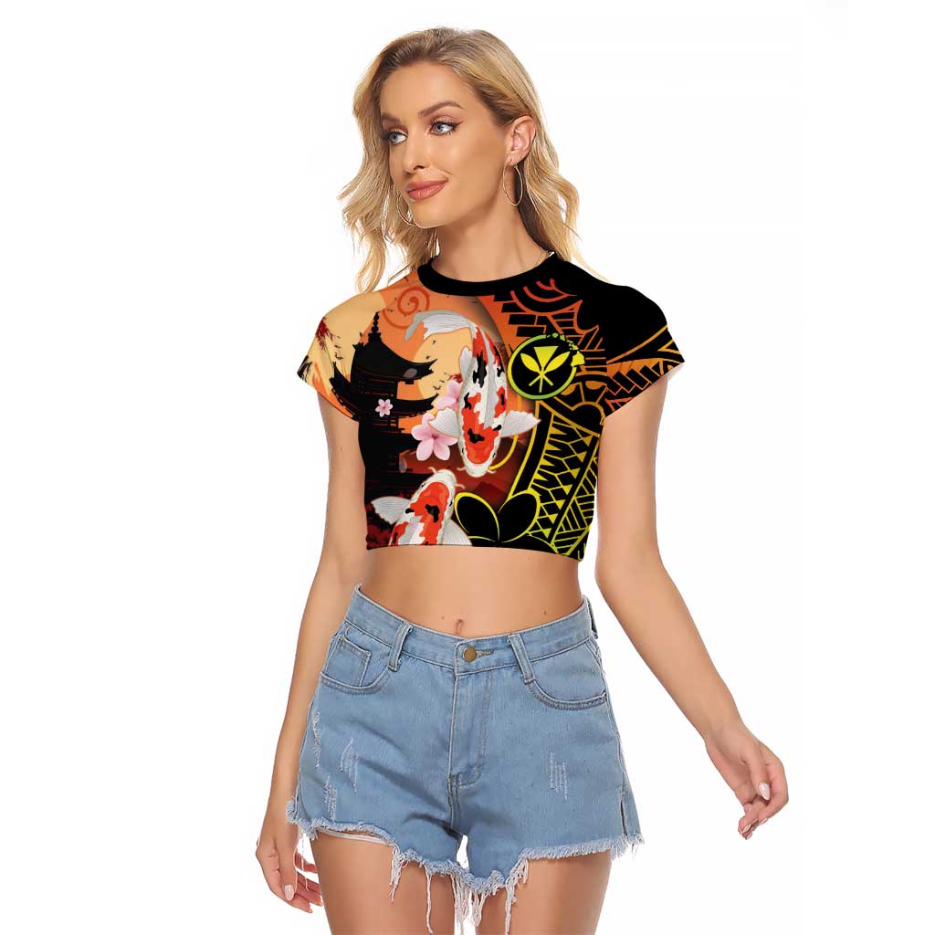 Hawaiian and Japanese Raglan Cropped T Shirt Koi Fish With Kanaka Polynesian Tattoo LT14 Female Black - Polynesian Pride