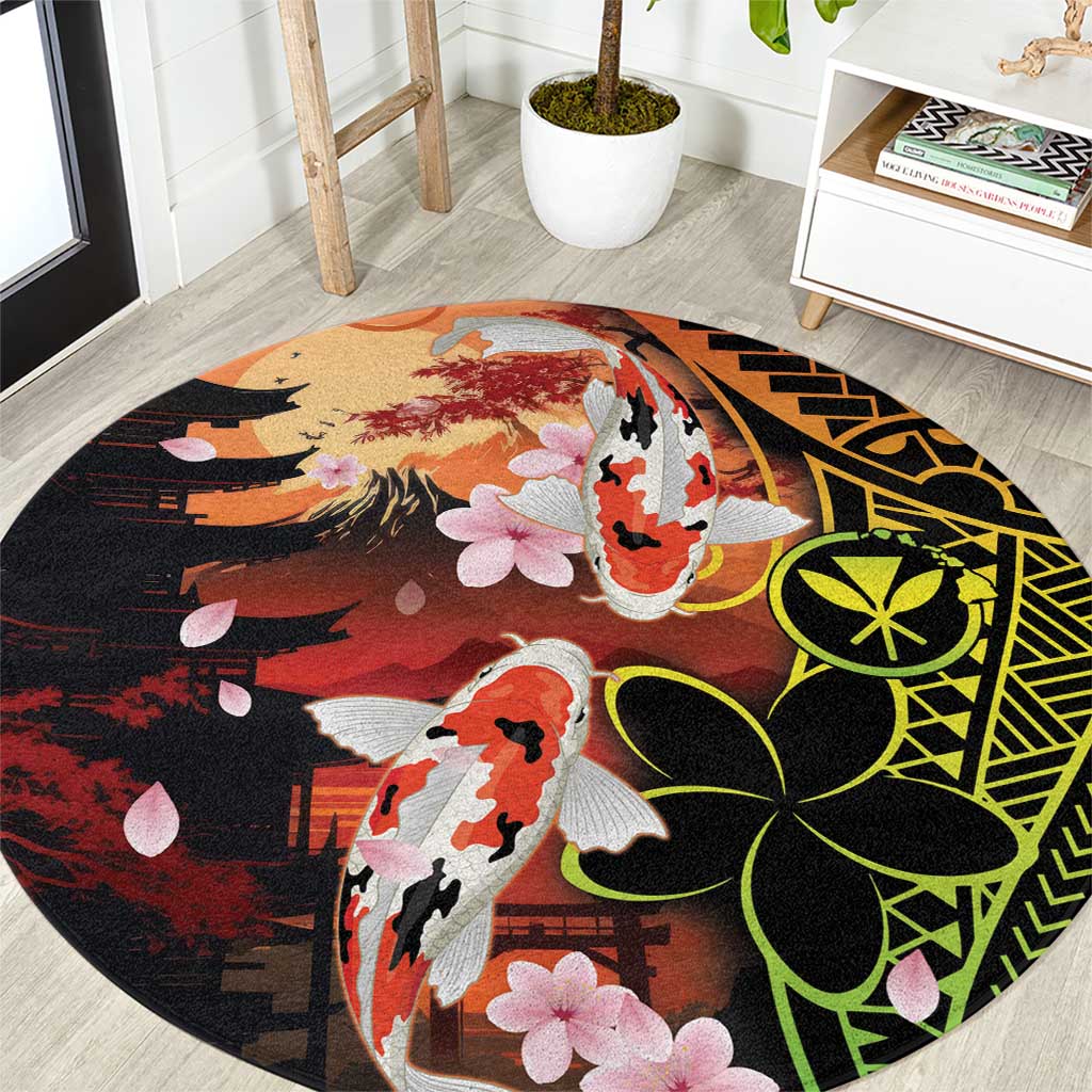 Hawaiian and Japanese Round Carpet Koi Fish With Kanaka Polynesian Tattoo LT14 Black - Polynesian Pride
