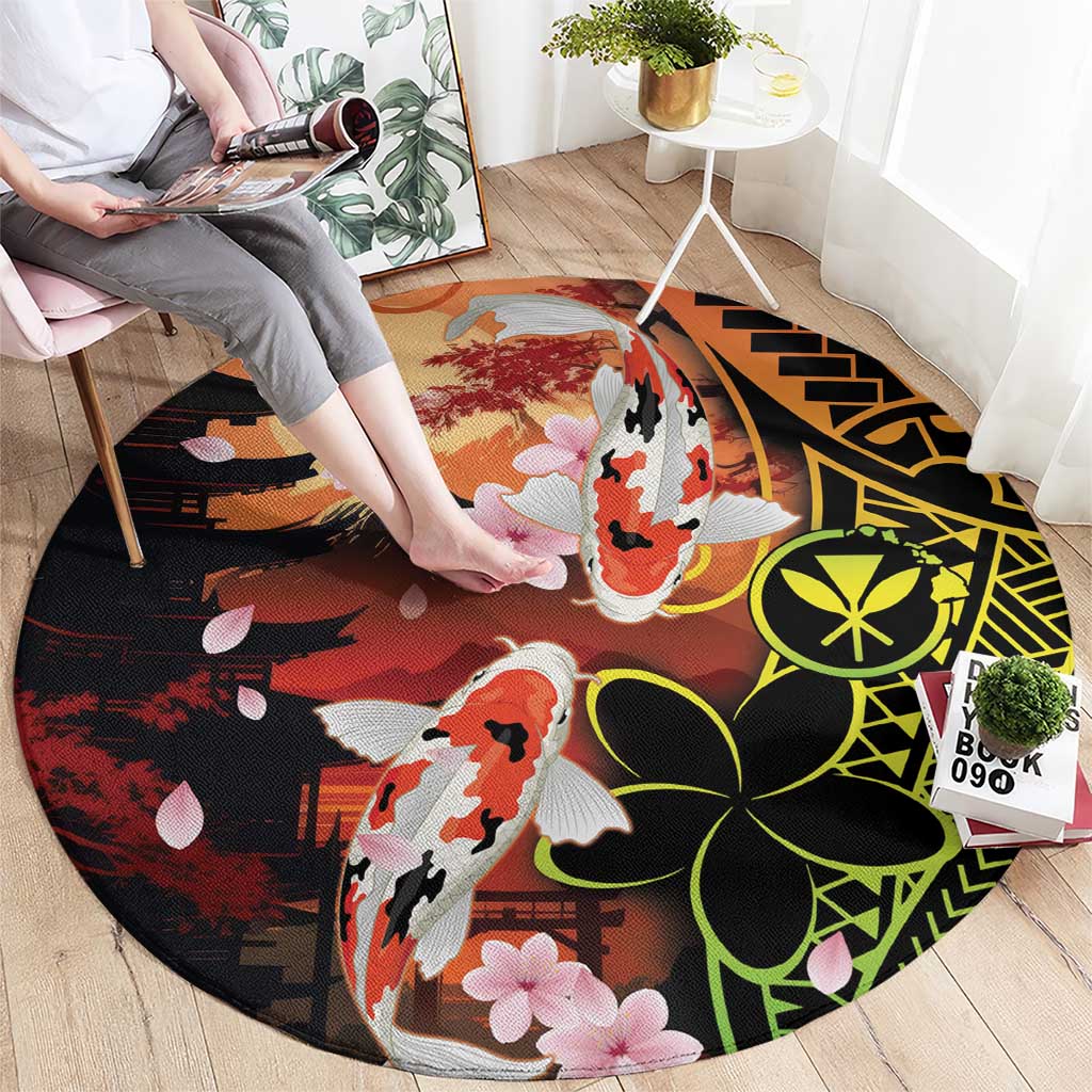 Hawaiian and Japanese Round Carpet Koi Fish With Kanaka Polynesian Tattoo - Polynesian Pride