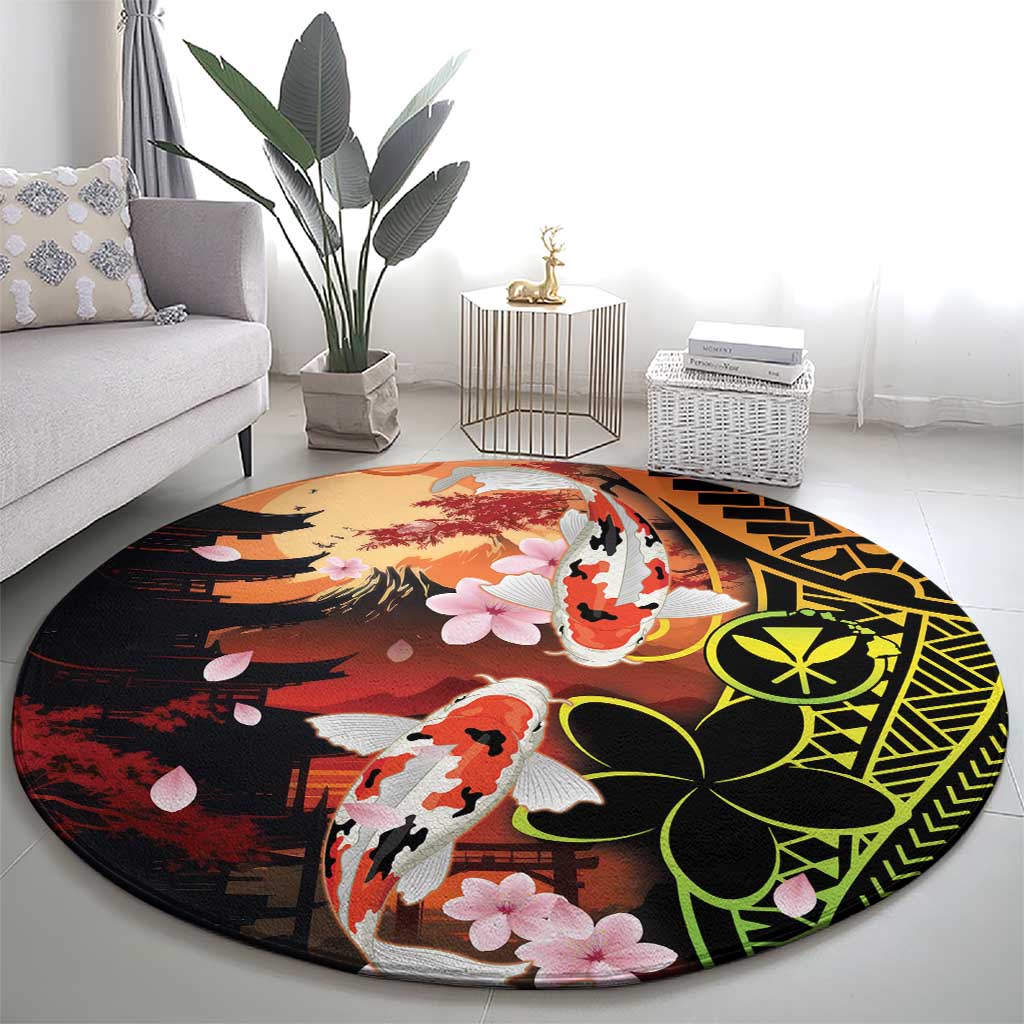 Hawaiian and Japanese Round Carpet Koi Fish With Kanaka Polynesian Tattoo - Polynesian Pride