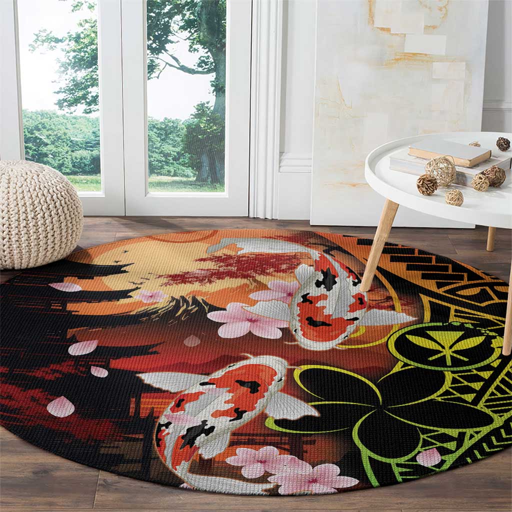 Hawaiian and Japanese Round Carpet Koi Fish With Kanaka Polynesian Tattoo - Polynesian Pride