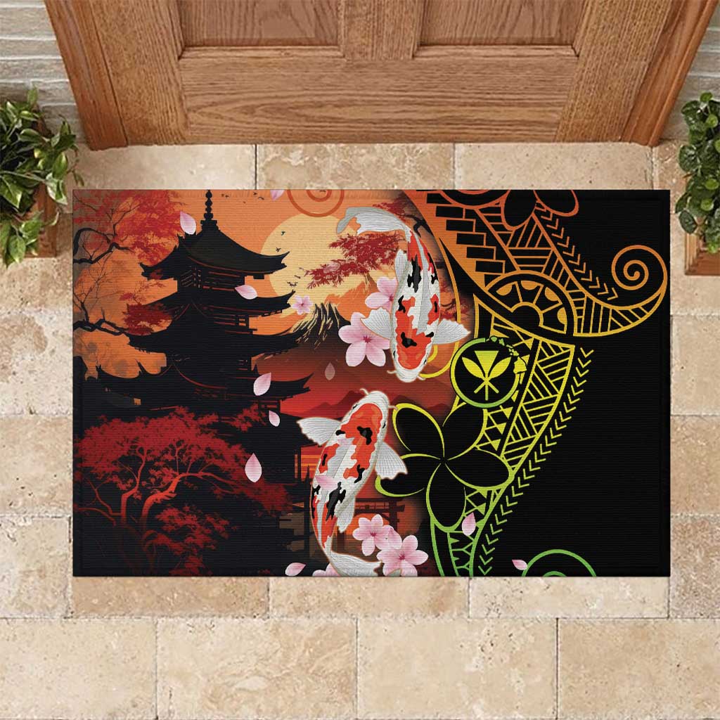 Hawaiian and Japanese Rubber Doormat Koi Fish With Kanaka Polynesian Tattoo LT14 Black - Polynesian Pride
