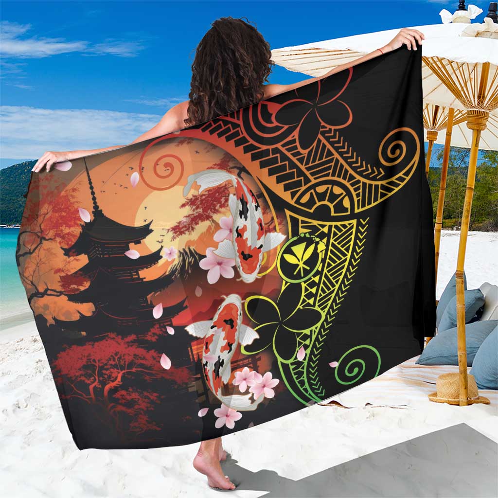 Hawaiian and Japanese Sarong Koi Fish With Kanaka Polynesian Tattoo LT14 One Size 44 x 66 inches Black - Polynesian Pride