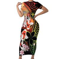 Hawaiian and Japanese Short Sleeve Bodycon Dress Koi Fish With Kanaka Polynesian Tattoo - Polynesian Pride