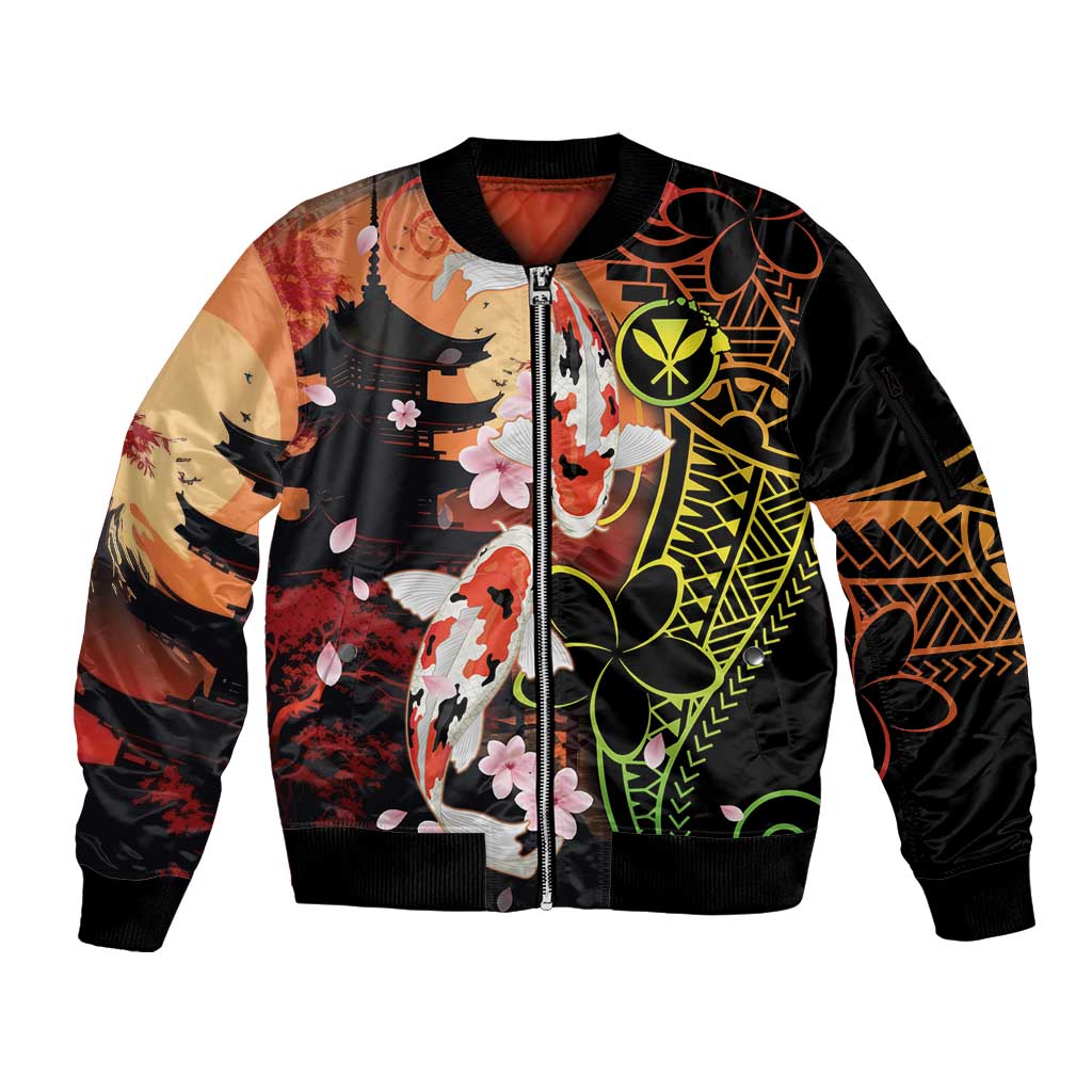 Hawaiian and Japanese Sleeve Zip Bomber Jacket Koi Fish With Kanaka Polynesian Tattoo LT14 Unisex Black - Polynesian Pride