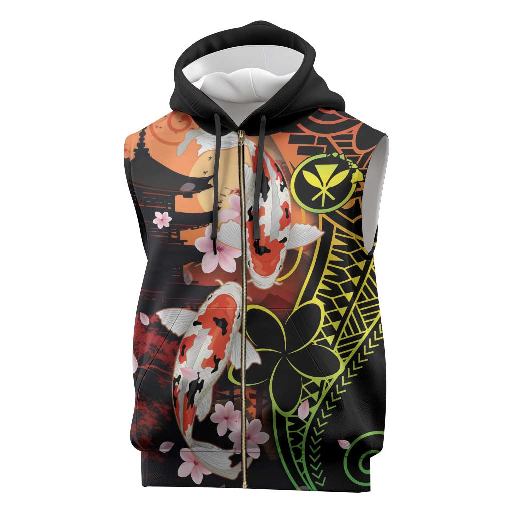 Hawaiian and Japanese Sleeveless Zip Hoodie Koi Fish With Kanaka Polynesian Tattoo - Polynesian Pride