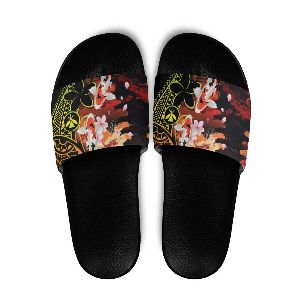 Hawaiian and Japanese Slide Sandals Koi Fish With Kanaka Polynesian Tattoo LT14 Black - Polynesian Pride