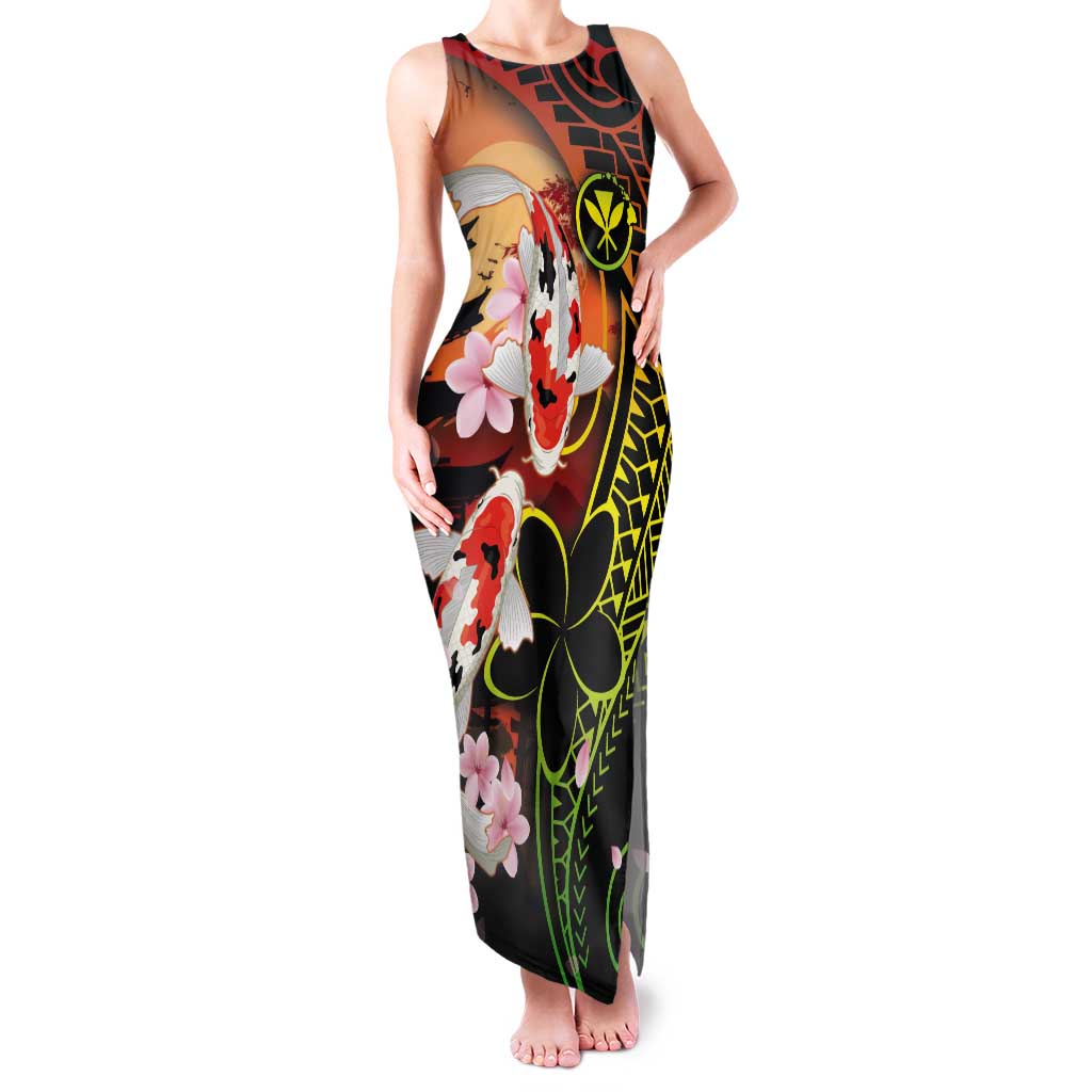 Hawaiian and Japanese Tank Maxi Dress Koi Fish With Kanaka Polynesian Tattoo - Polynesian Pride