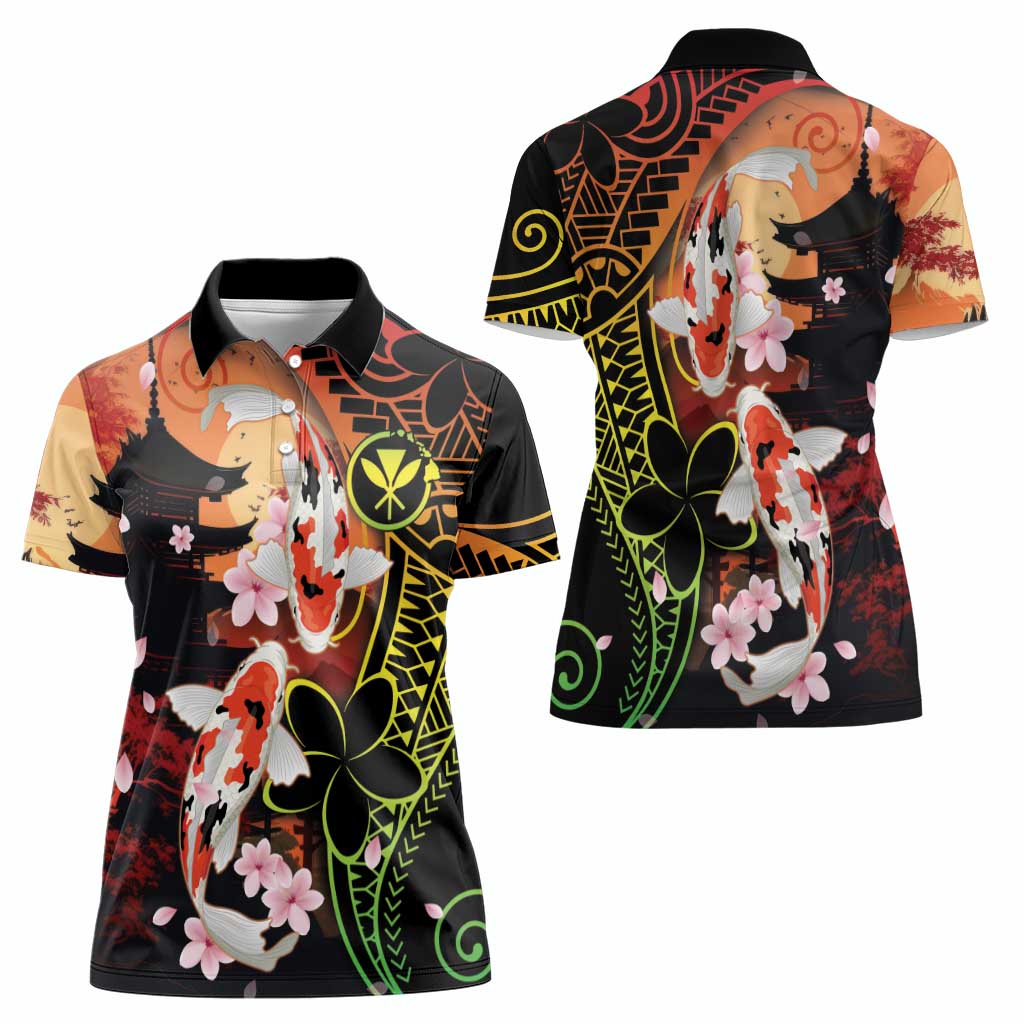 Hawaiian and Japanese Women Polo Shirt Koi Fish With Kanaka Polynesian Tattoo LT14 - Polynesian Pride