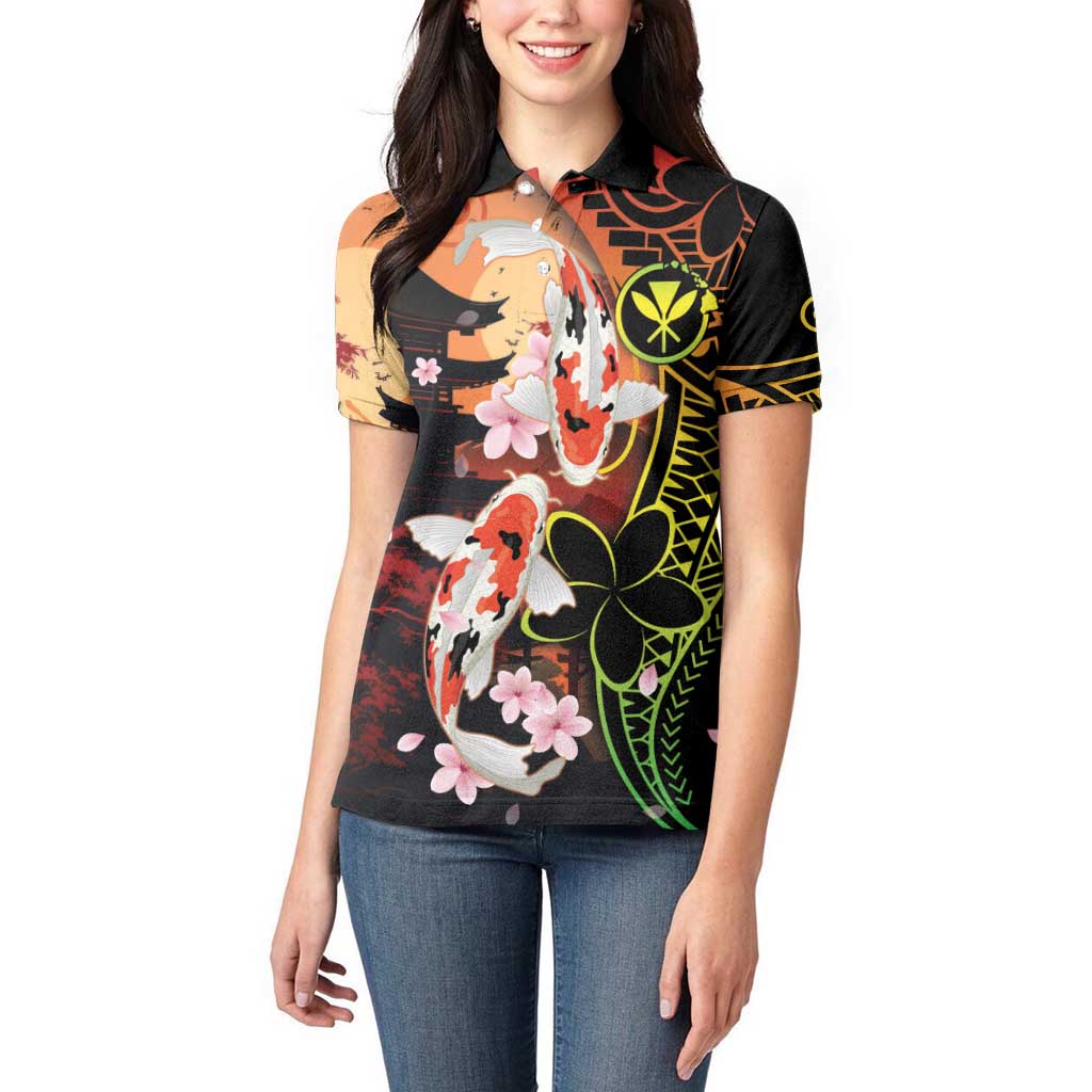 Hawaiian and Japanese Women Polo Shirt Koi Fish With Kanaka Polynesian Tattoo LT14 - Polynesian Pride