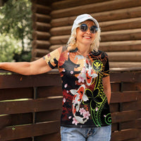 Hawaiian and Japanese Women Polo Shirt Koi Fish With Kanaka Polynesian Tattoo LT14 - Polynesian Pride