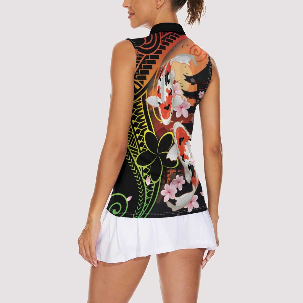 Hawaiian and Japanese Women Sleeveless Polo Shirt Koi Fish With Kanaka Polynesian Tattoo - Polynesian Pride