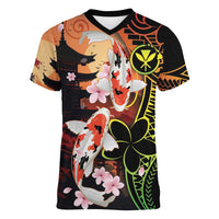 Hawaiian and Japanese Women V-Neck T-Shirt Koi Fish With Kanaka Polynesian Tattoo - Polynesian Pride