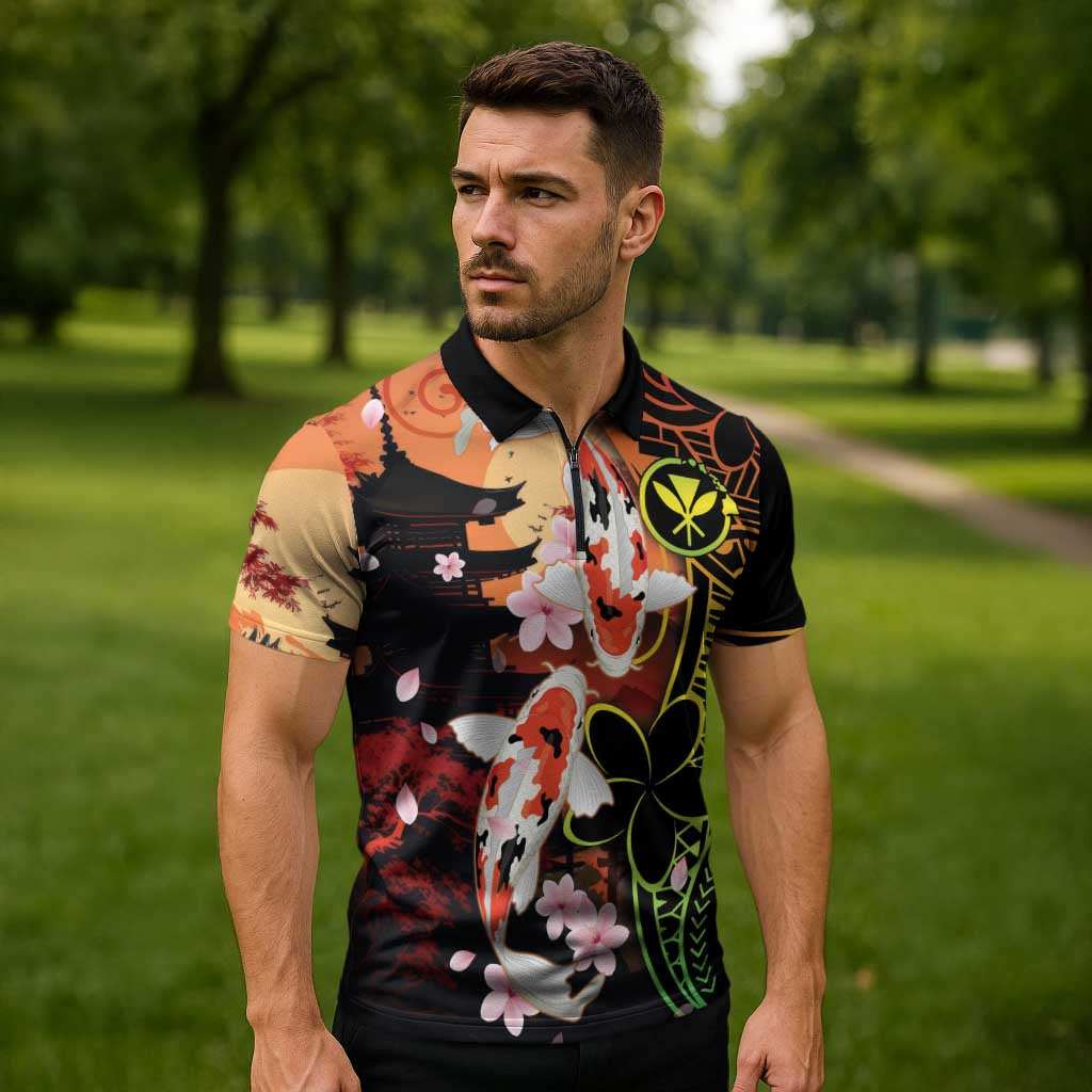 Hawaiian and Japanese Zipper Polo Shirt Koi Fish With Kanaka Polynesian Tattoo - Polynesian Pride