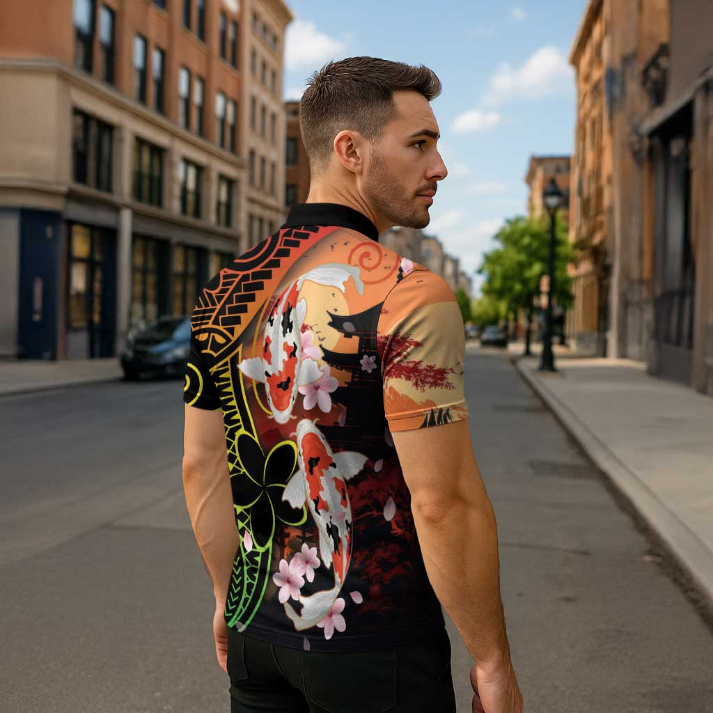 Hawaiian and Japanese Zipper Polo Shirt Koi Fish With Kanaka Polynesian Tattoo - Polynesian Pride