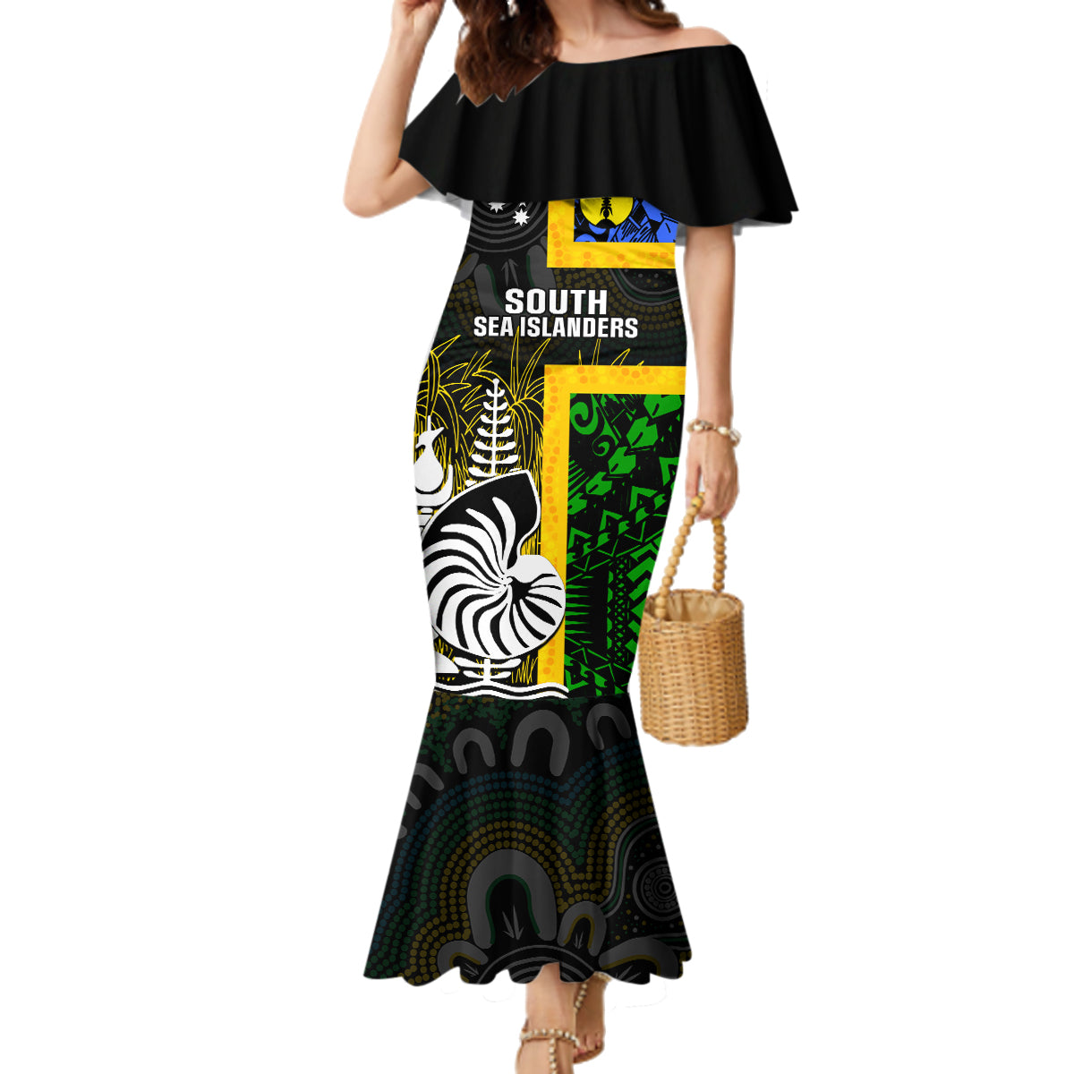 Personalised South Sea Islanders Family Matching Mermaid Dress and Hawaiian Shirt Kanakas With New Caledonia Coat Of Arms LT14 Mom's Dress Black - Polynesian Pride