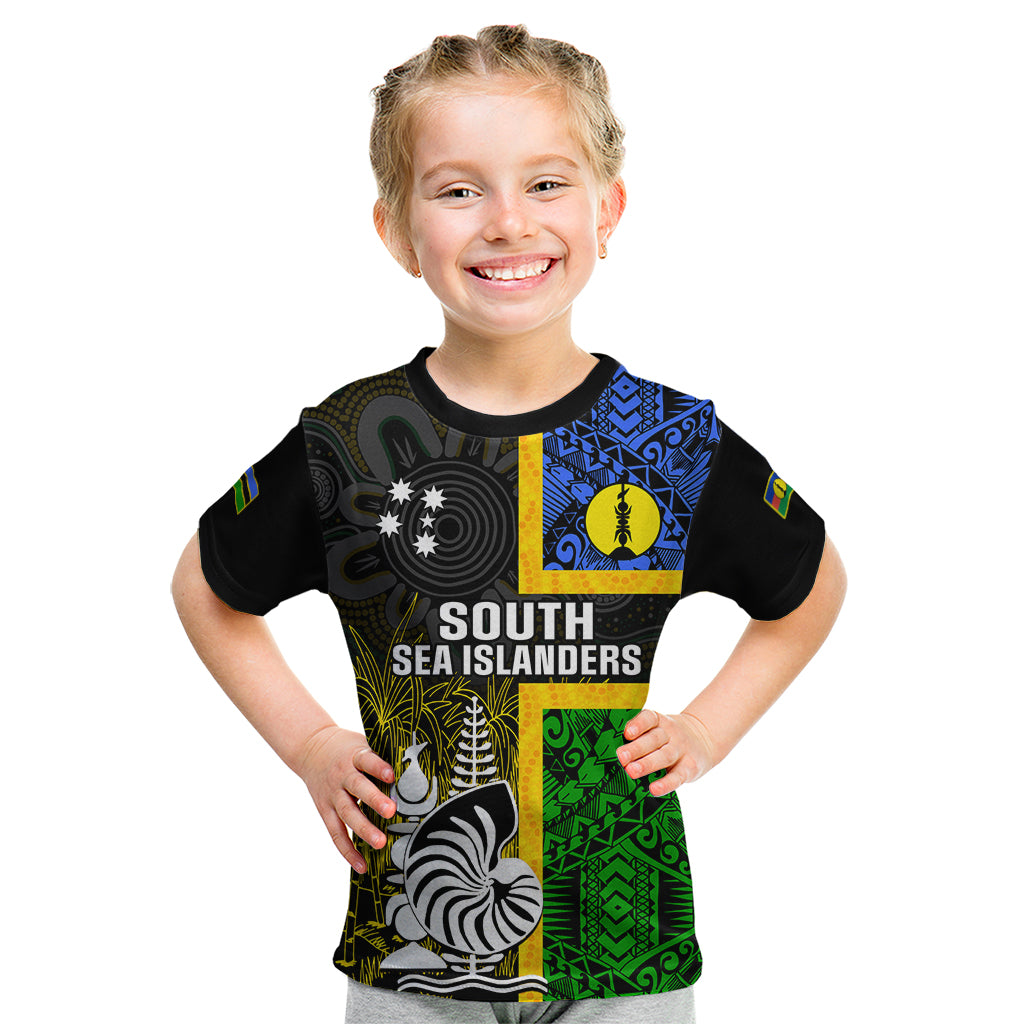 Personalised South Sea Islanders Kid T Shirt Kanakas With New Caledonia Coat Of Arms LT14 Black - Polynesian Pride