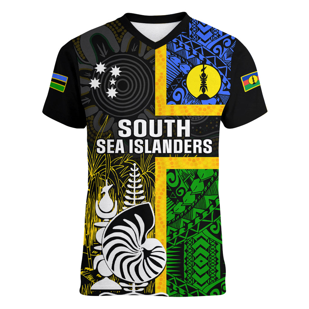 Personalised South Sea Islanders Women V Neck T Shirt Kanakas With New Caledonia Coat Of Arms LT14 Female Black - Polynesian Pride