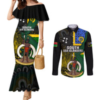 Personalised South Sea Islanders Couples Matching Mermaid Dress and Long Sleeve Button Shirts Kanakas With Vanuatu Coat Of Arms LT14 Black - Polynesian Pride