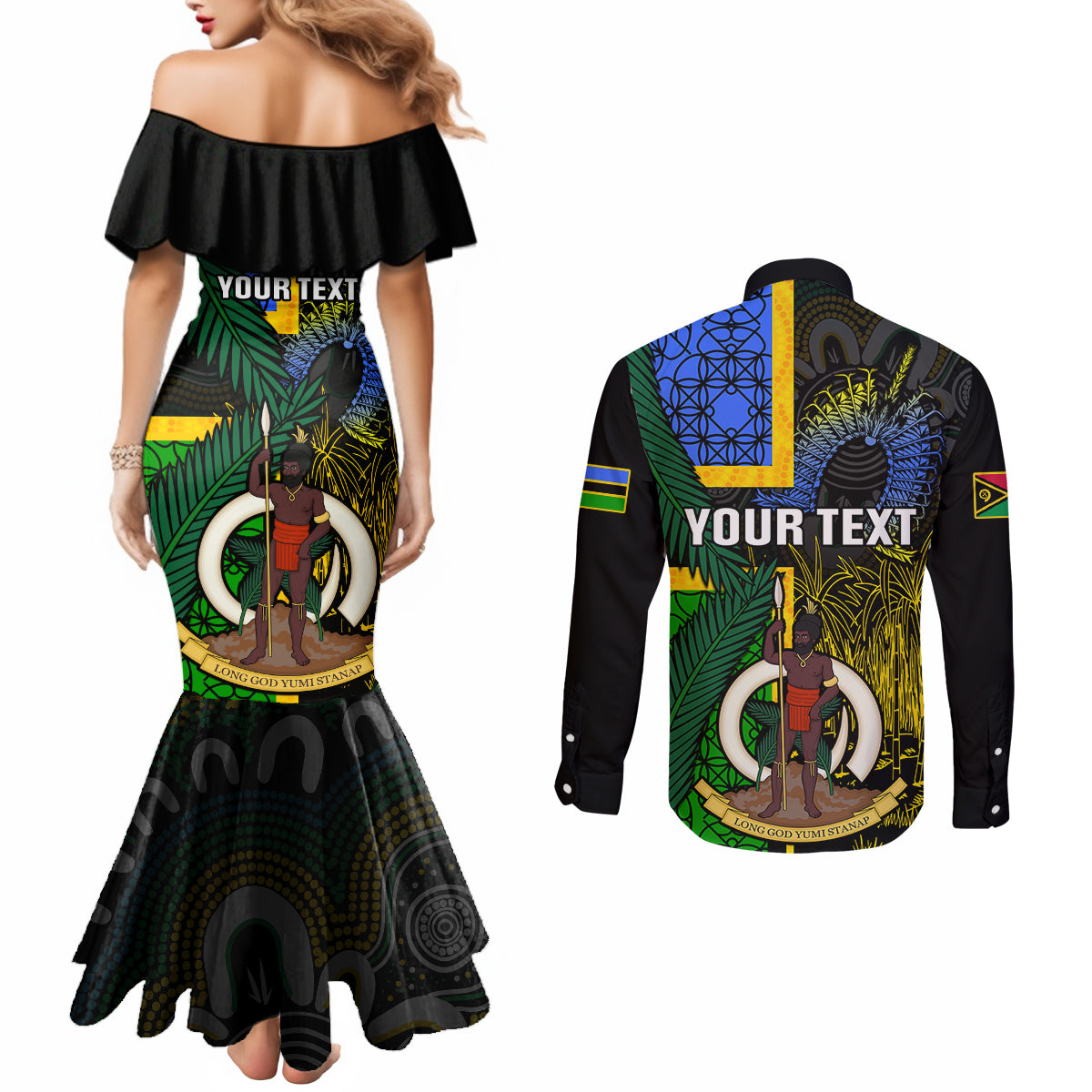 Personalised South Sea Islanders Couples Matching Mermaid Dress and Long Sleeve Button Shirts Kanakas With Vanuatu Coat Of Arms LT14 - Polynesian Pride