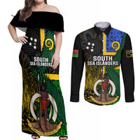Personalised South Sea Islanders Couples Matching Off Shoulder Maxi Dress and Long Sleeve Button Shirts Kanakas With Vanuatu Coat Of Arms LT14 Black - Polynesian Pride