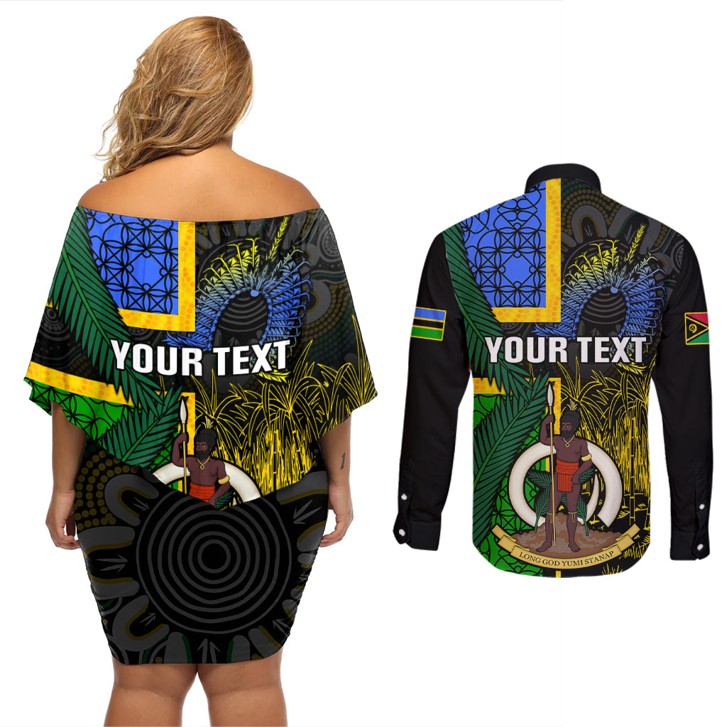 Personalised South Sea Islanders Couples Matching Off Shoulder Short Dress and Long Sleeve Button Shirts Kanakas With Vanuatu Coat Of Arms LT14 - Polynesian Pride