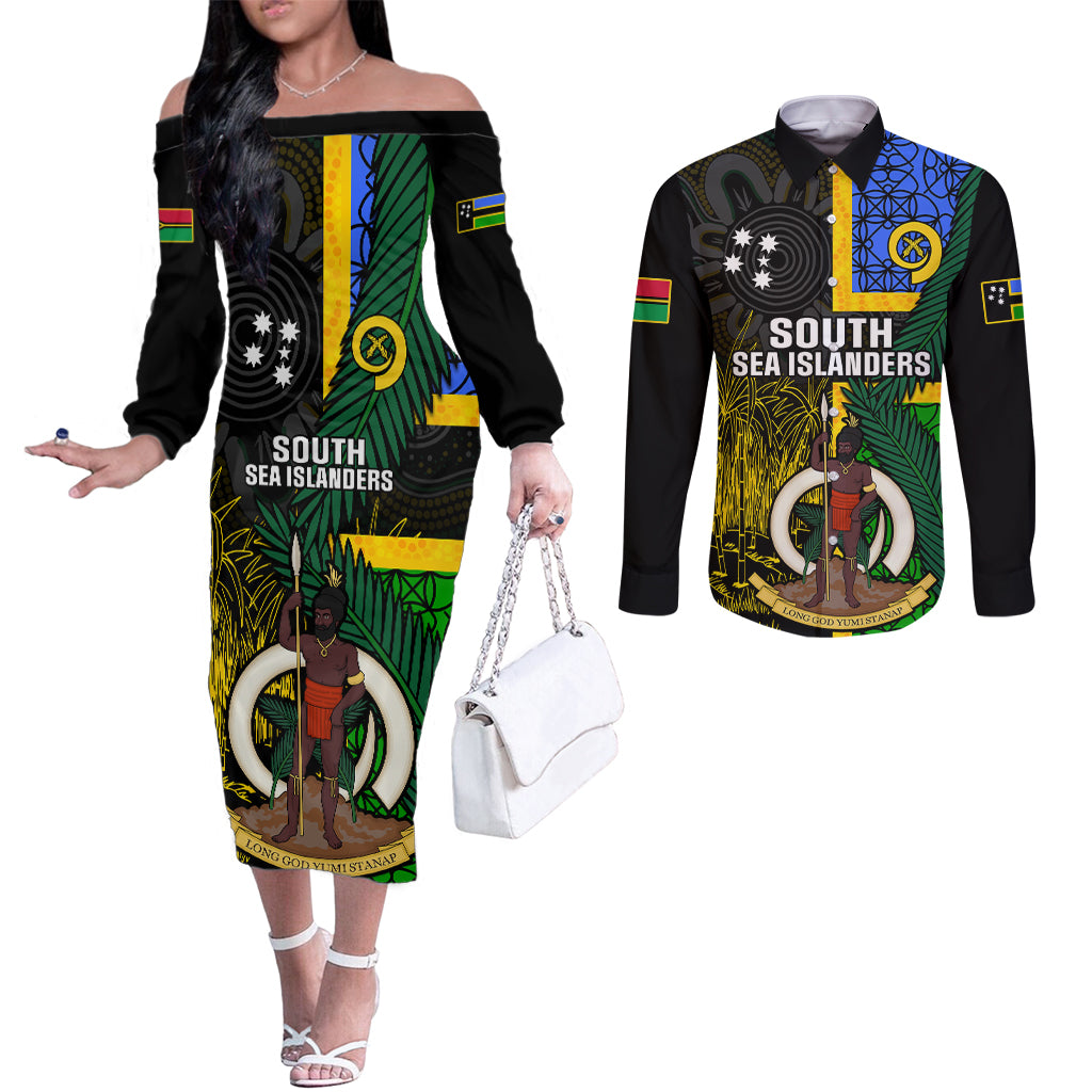 Personalised South Sea Islanders Couples Matching Off The Shoulder Long Sleeve Dress and Long Sleeve Button Shirts Kanakas With Vanuatu Coat Of Arms LT14 Black - Polynesian Pride