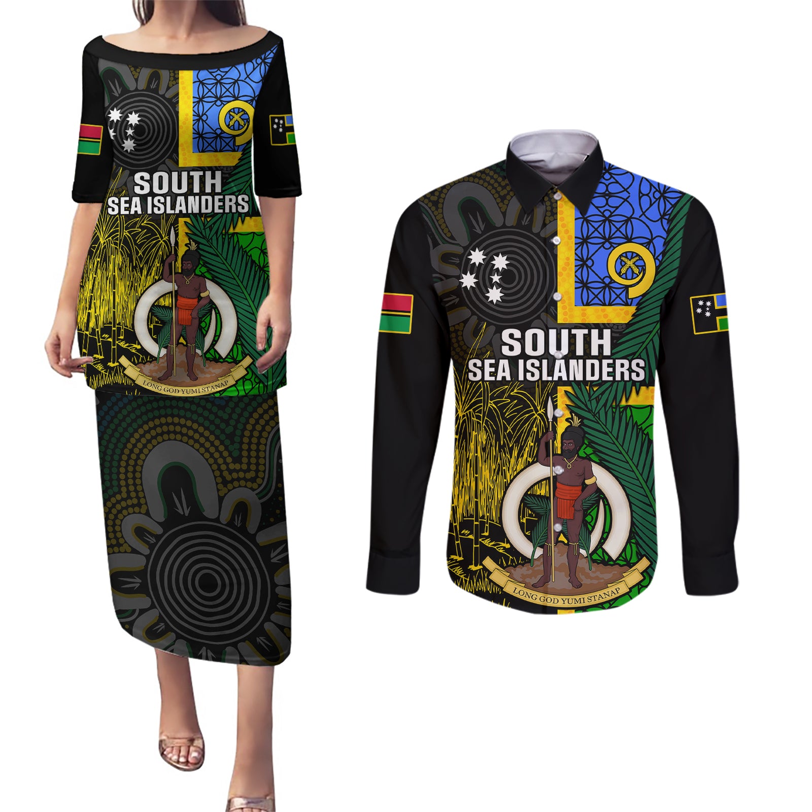 Personalised South Sea Islanders Couples Matching Puletasi Dress and Long Sleeve Button Shirts Kanakas With Vanuatu Coat Of Arms LT14 Black - Polynesian Pride